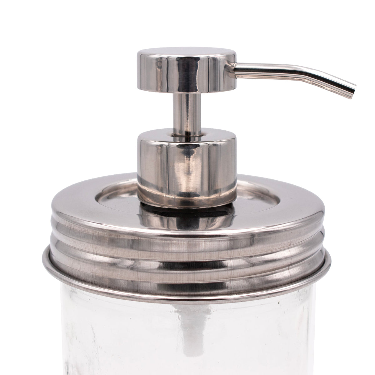Chrome soap pump dispenser with mirror lid for wide-mouth Mason jars, ideal for bathroom or kitchen use, reusable and refillable.