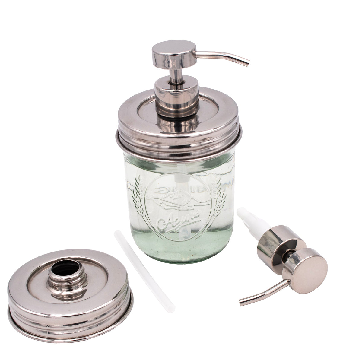 Chrome soap pump dispenser with mirror lid fits wide-mouth mason jars, ideal for bathroom or kitchen use, reusable and refillable.