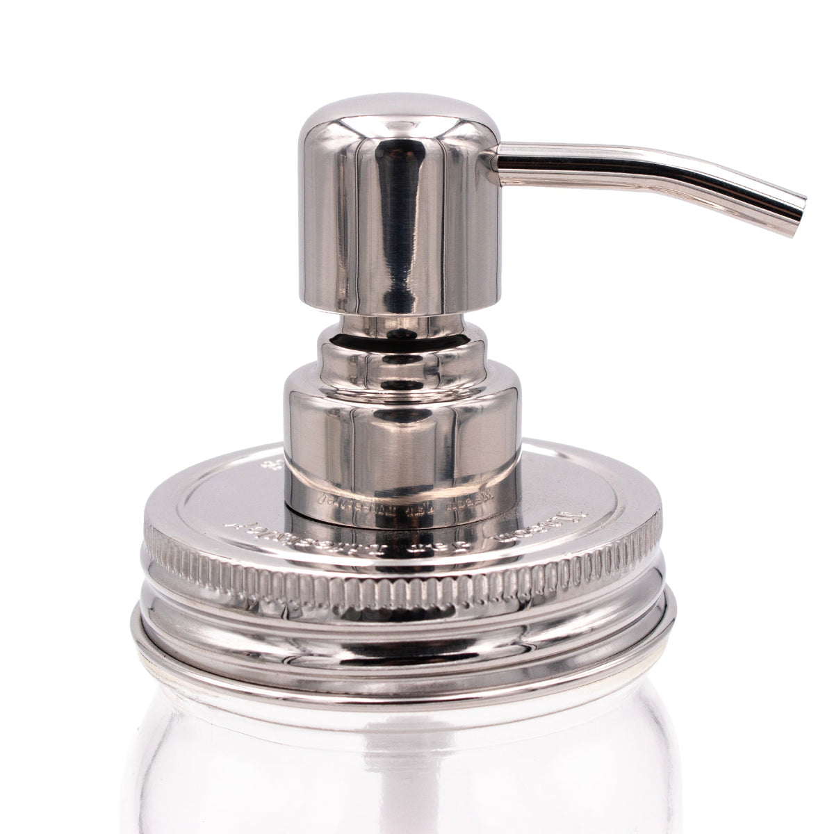 Chrome soap pump dispenser with mirror lid for mason jars, reusable and refillable bathroom and kitchen accessory.