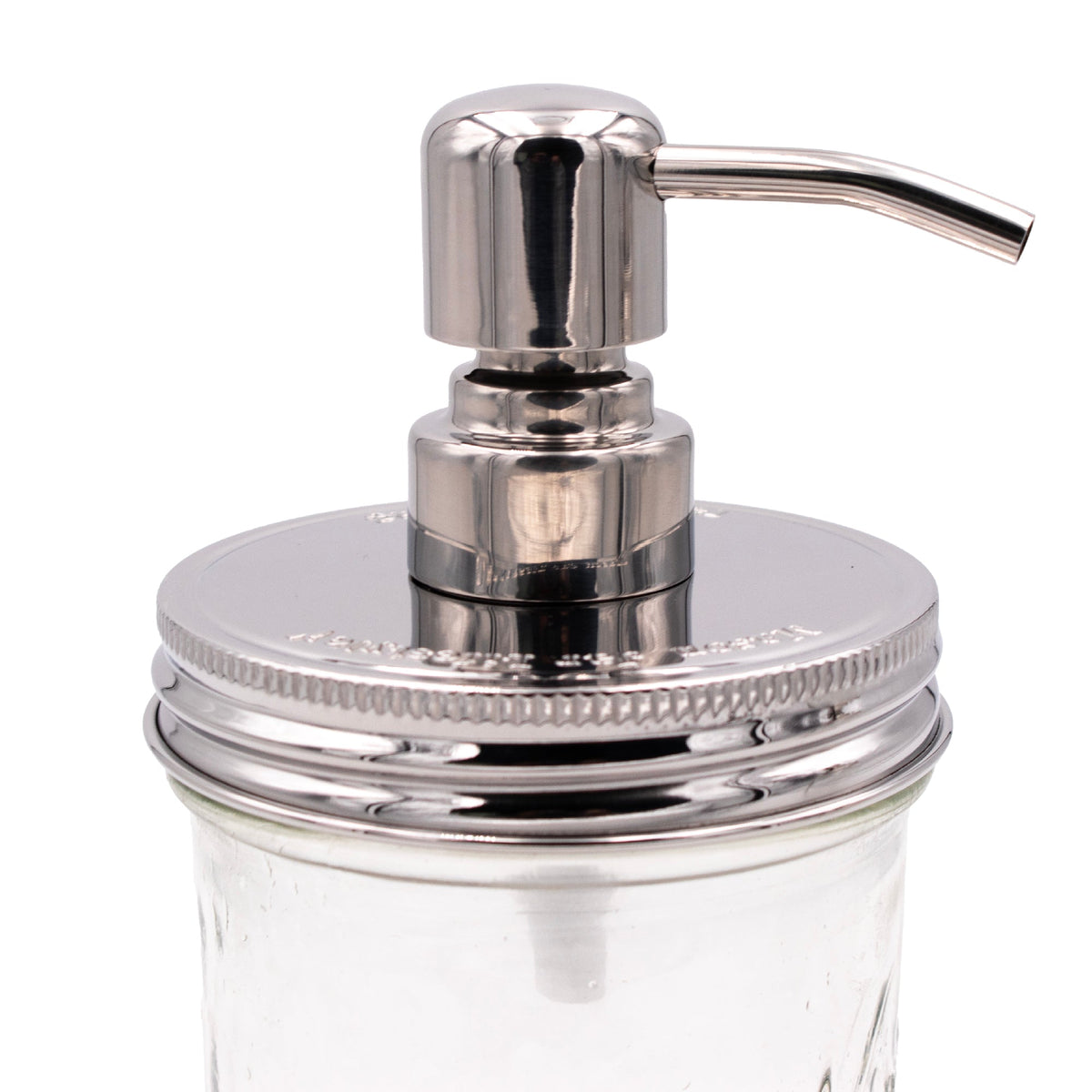 Chrome soap pump dispenser with mirror lid for mason jars, reusable and refillable, ideal for kitchen or bathroom use.