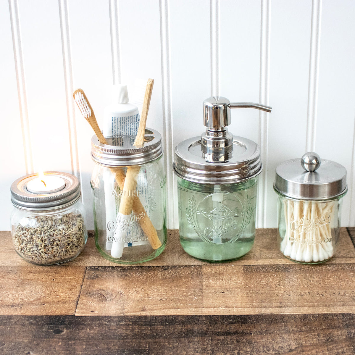 Chrome soap pump dispenser with mirror lid for wide-mouth Mason jars, suitable for bathroom or kitchen use.