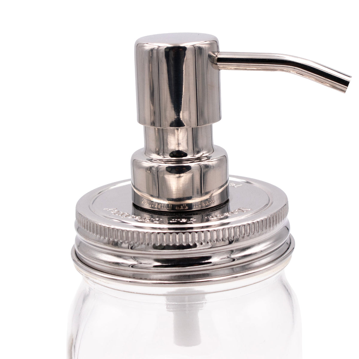 Chrome soap pump dispenser with mirror lid for Mason jars, reusable and refillable for kitchen or bathroom use.