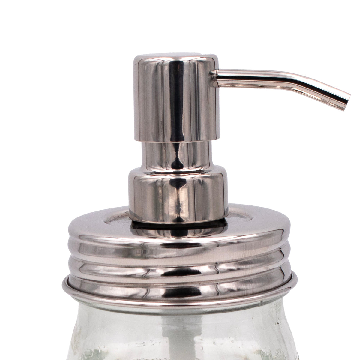 Chrome soap pump dispenser with mirror lid for Mason jars, vintage-style, reusable, perfect for bathroom or kitchen use.