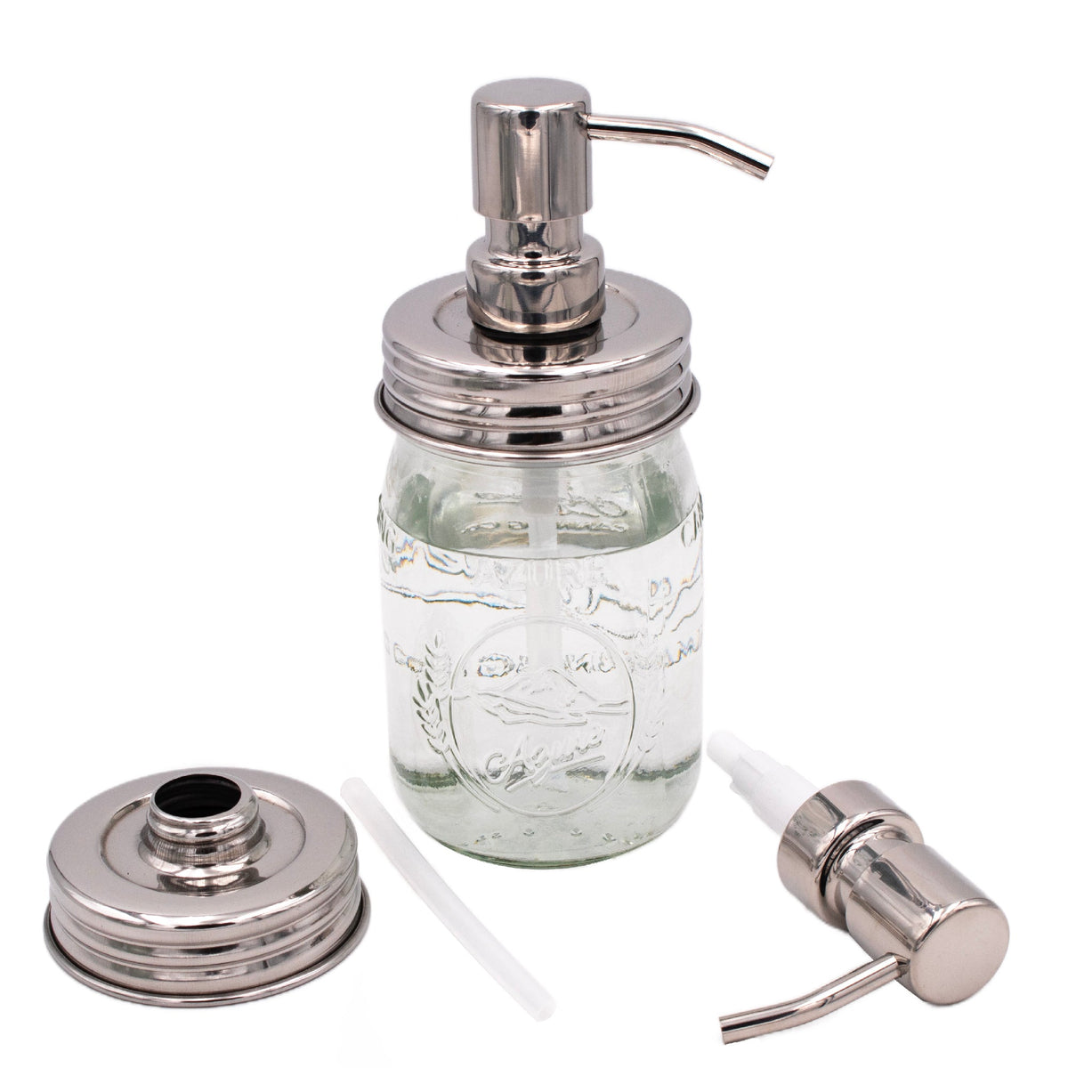 Chrome soap pump dispenser with mirror lid for mason jars, vintage style, reusable and refillable for bathroom or kitchen use