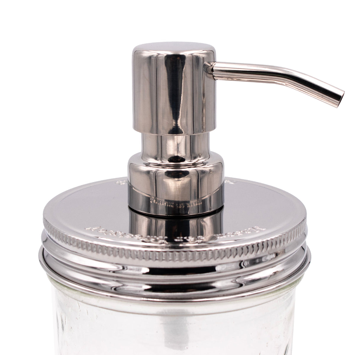 Chrome soap pump dispenser with mirror lid for mason jars, reusable and refillable, ideal for bathroom or kitchen use.