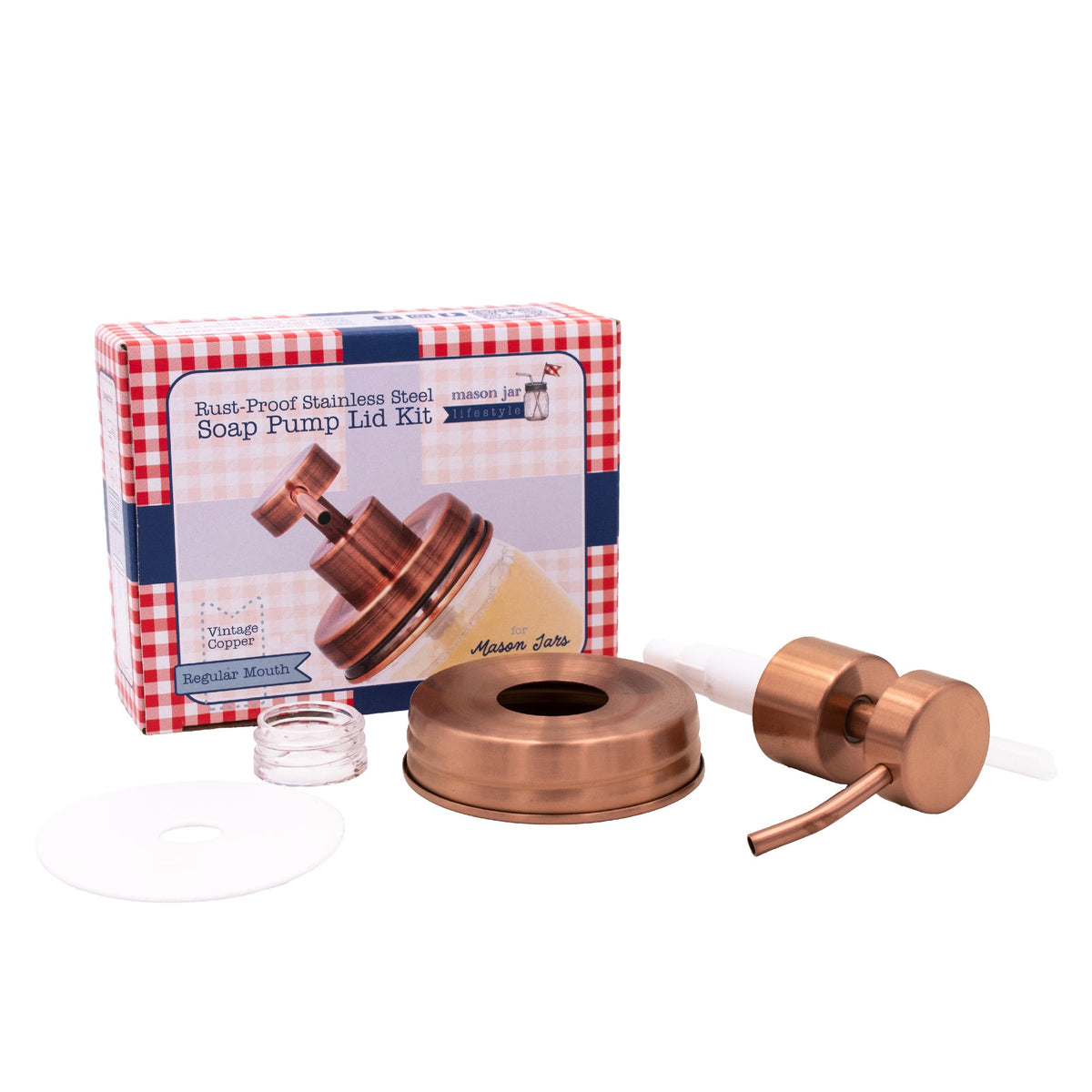 Vintage copper soap pump lid kit for regular mouth Mason jars, with classic threaded design, perfect for bathroom or kitchen use.