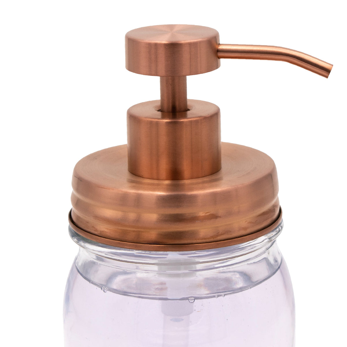 Vintage copper soap pump lid kit for regular mouth Mason jars, with classic threaded design for bathroom or kitchen use.