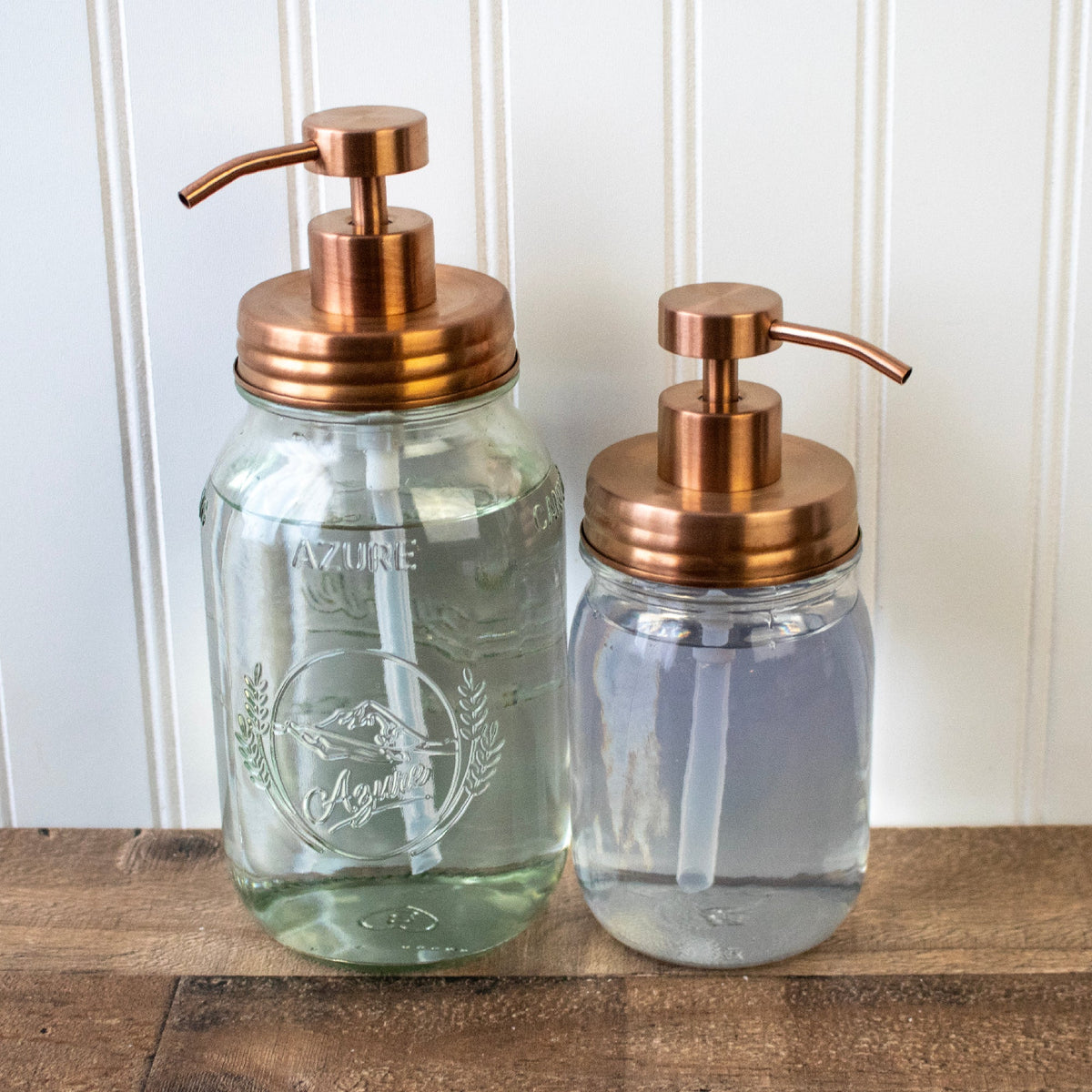 Vintage copper soap pump lid kit for regular mouth Mason jars, ideal for reusable bathroom or kitchen soap dispensers.