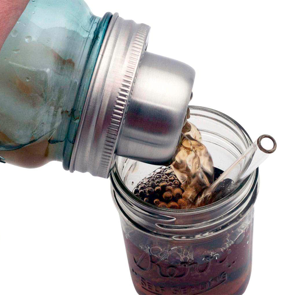 Mason Jar Lifestyle stainless steel cocktail shaker lid with band, designed for Mason jar-style drink shakers, dark-colored and compact.