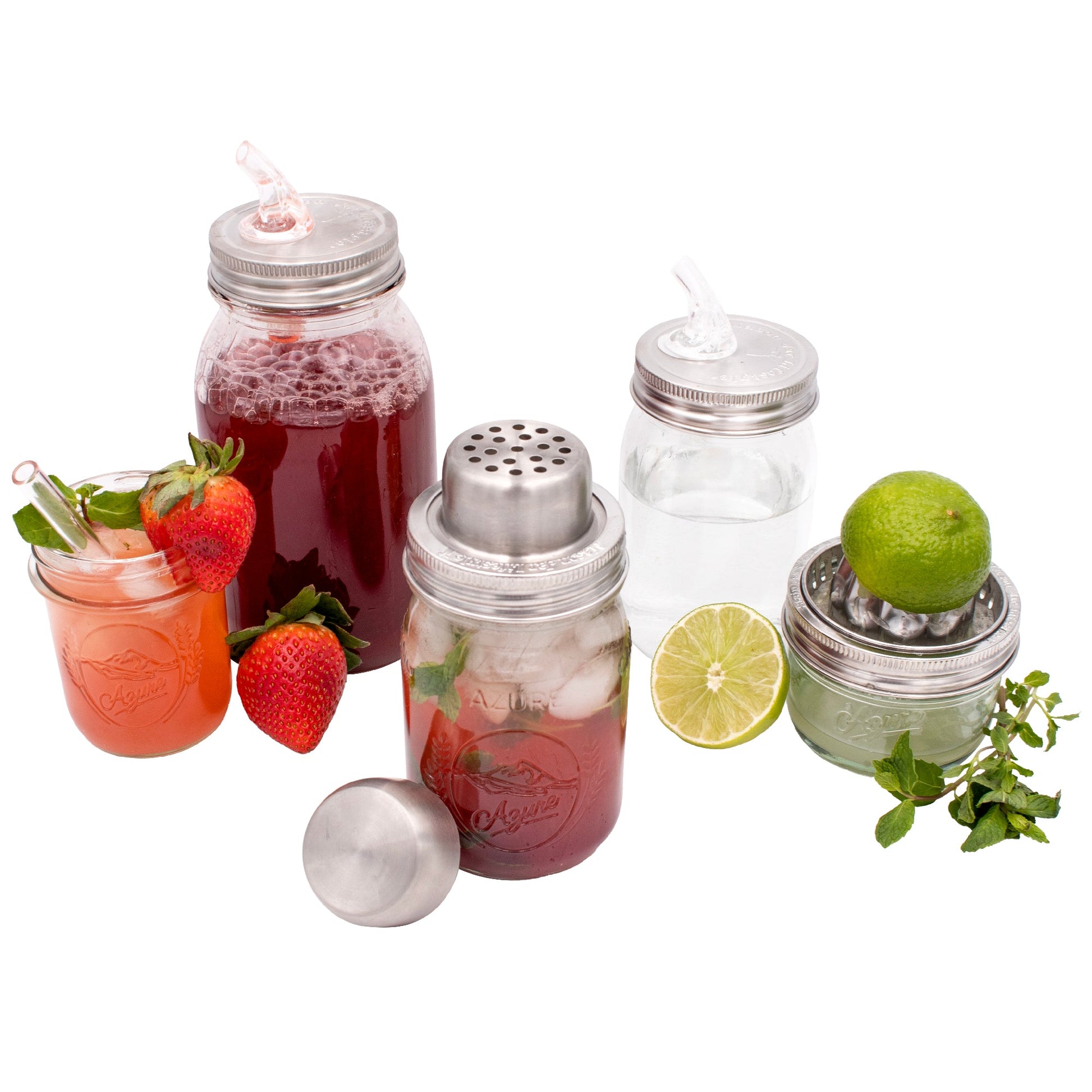 Mason Jar Lifestyle stainless steel band lid for Mason Shaker cocktail shaker with ice and strawberry syrup, ideal for compact space living.