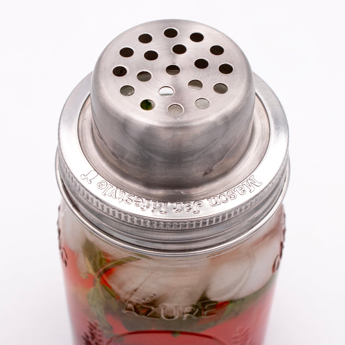 Mason Jar Lifestyle Mason Shaker cocktail shaker lid with stainless steel band, designed for compact space living and drink mixing.