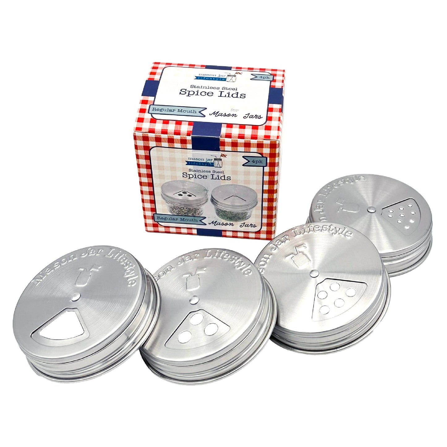 Four adjustable stainless steel Spice Shaker Lids by Mason Jar Lifestyle, each with unique shaker hole patterns, are shown in front of a red-and-white checkered box. Set of 4 lids, dishwasher safe for easy cleaning.