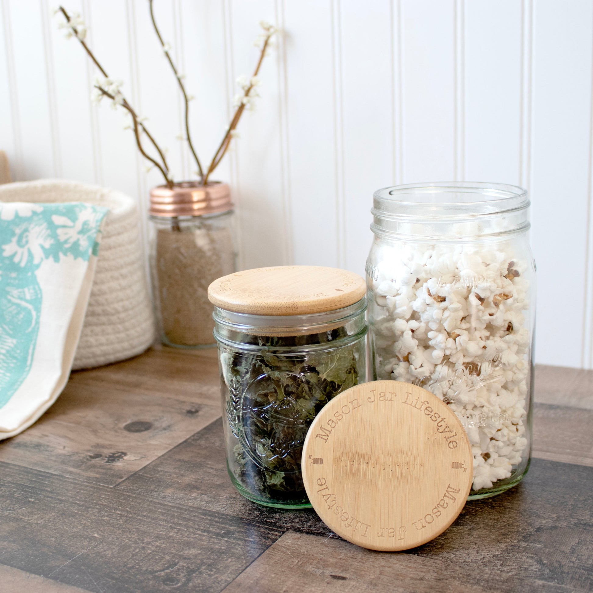 Bamboo storage stopper lid for wide-mouth Mason jars, ideal for herbs, seeds, sugar, and snacks, by Mason Jar Lifestyle.