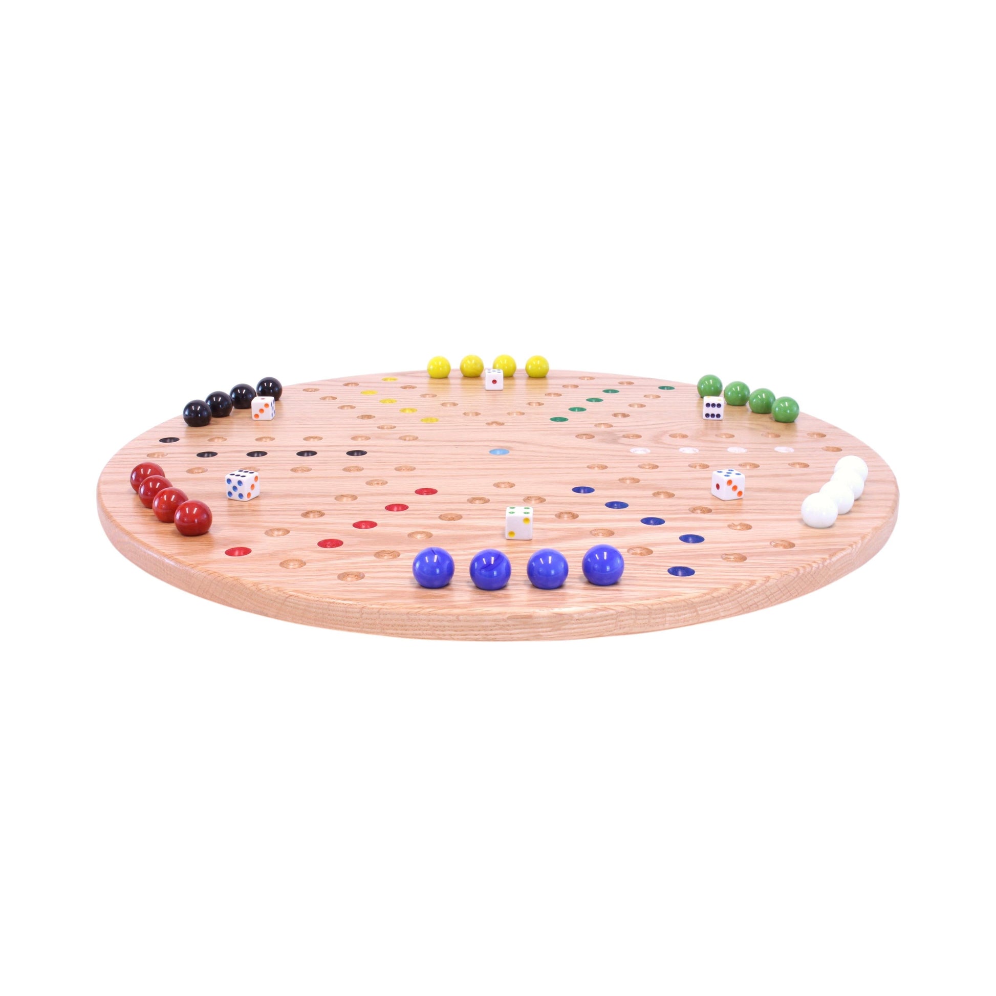 Round Aggravation game board set made of solid oak wood with a double-sided design, featuring game pieces and colorful playing surfaces.