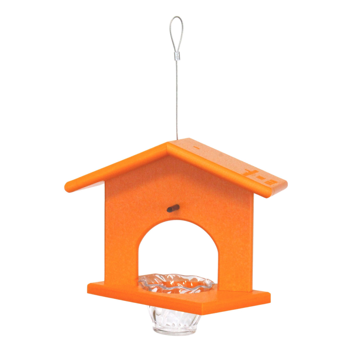 Eco-friendly AmishToyBox.com hanging oriole bird feeder made of poly lumber, with jelly and orange bird design.