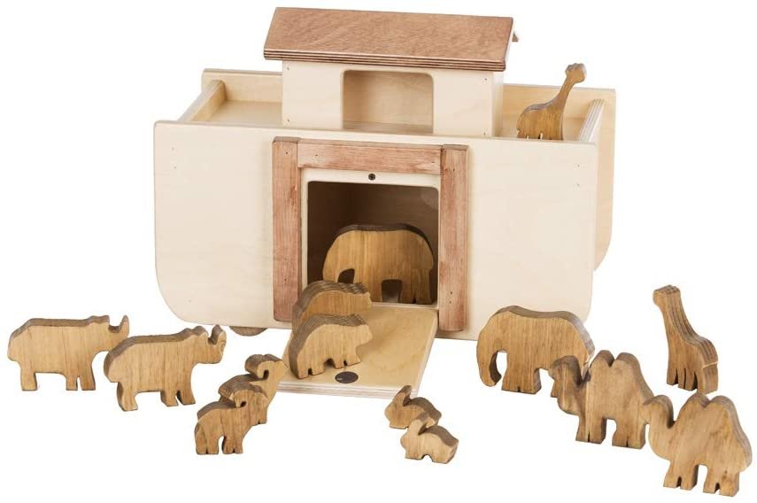 Amish-made wooden Noah's Ark toy with 14 colorful wooden animals, includes trains and trucks, crafted by AmishToyBox.com.