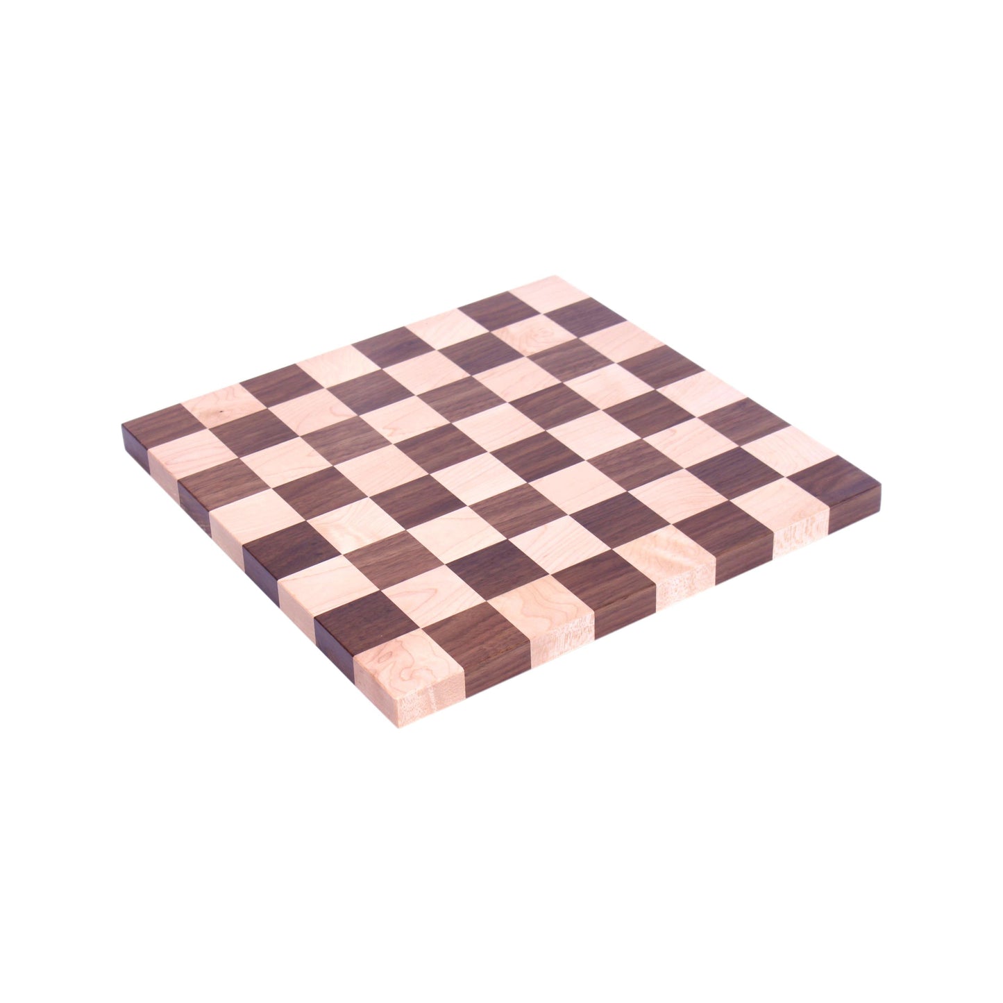 Maple and walnut hardwood 18-inch chess and checkers game board with natural wood finish, featuring detailed game squares.