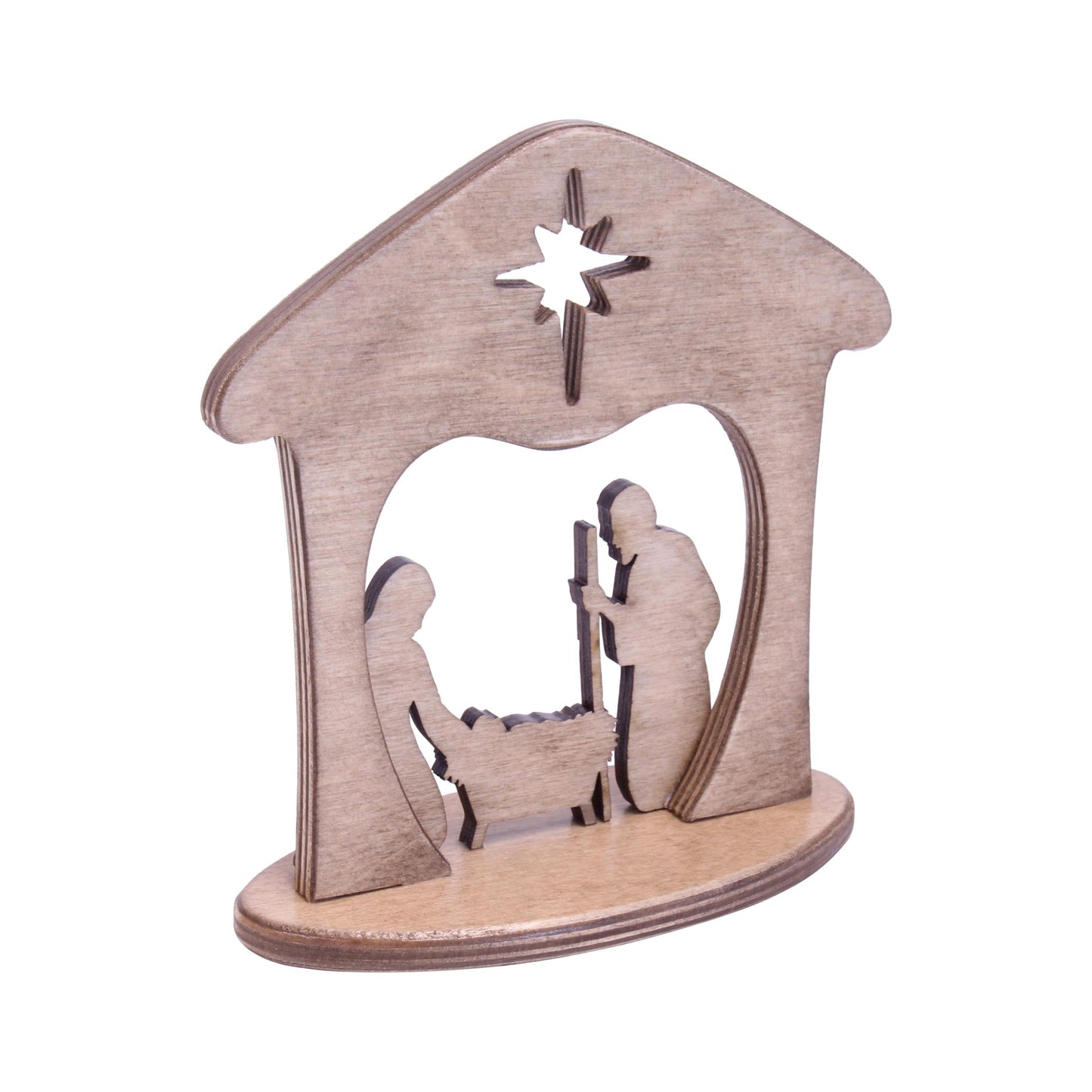 Wooden nativity scene set with figures of Mary, Joseph, baby Jesus, and animals, perfect for holiday mantel or shelf display