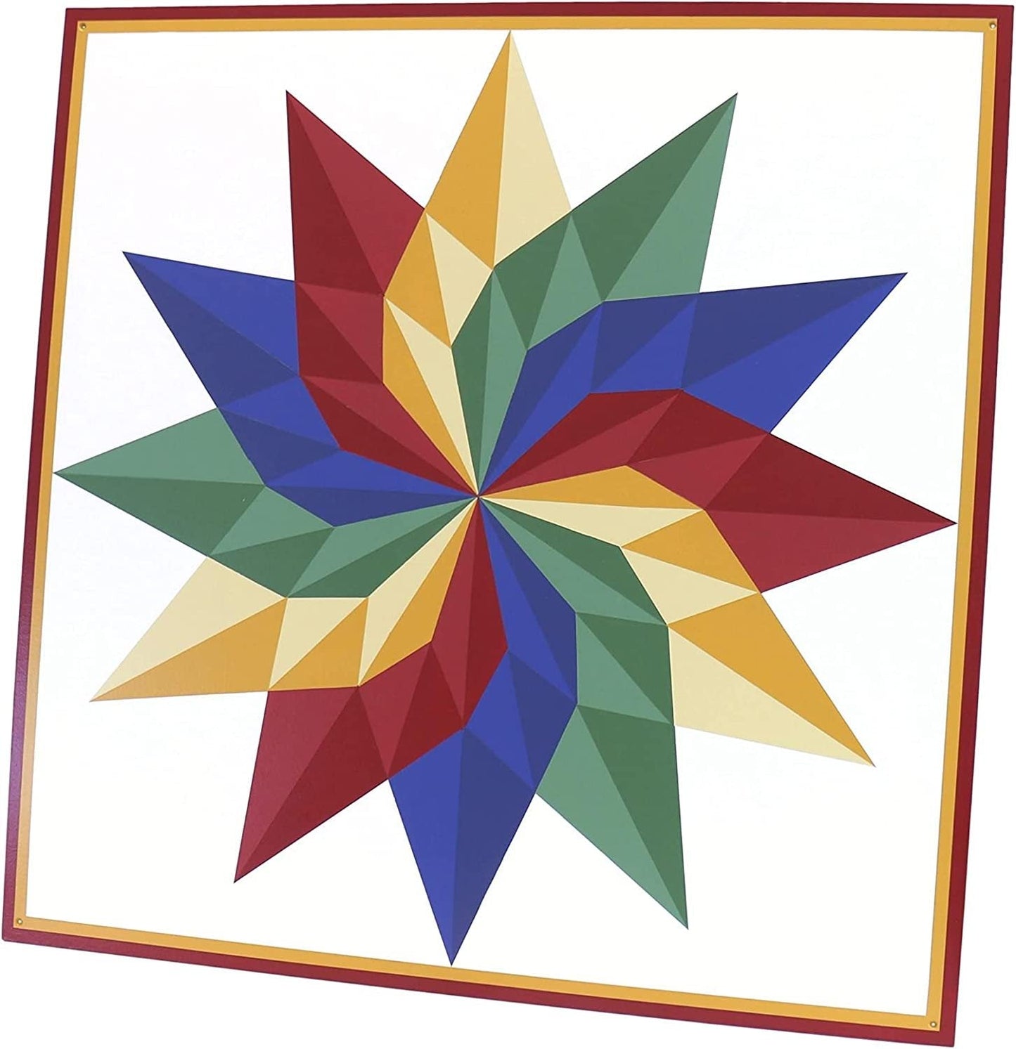 Hand-painted AmishToyBox.com barn quilt sign featuring a 36-inch dahlia "Sunburst" design for lawn and patio decor.