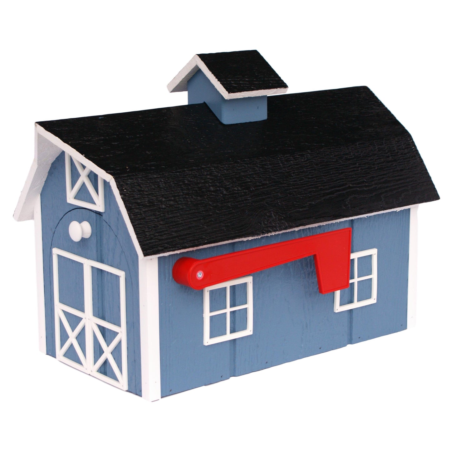 Amish-made wooden Dutch barn style mailbox mounted on a post, crafted for durability and classic home improvement appeal.