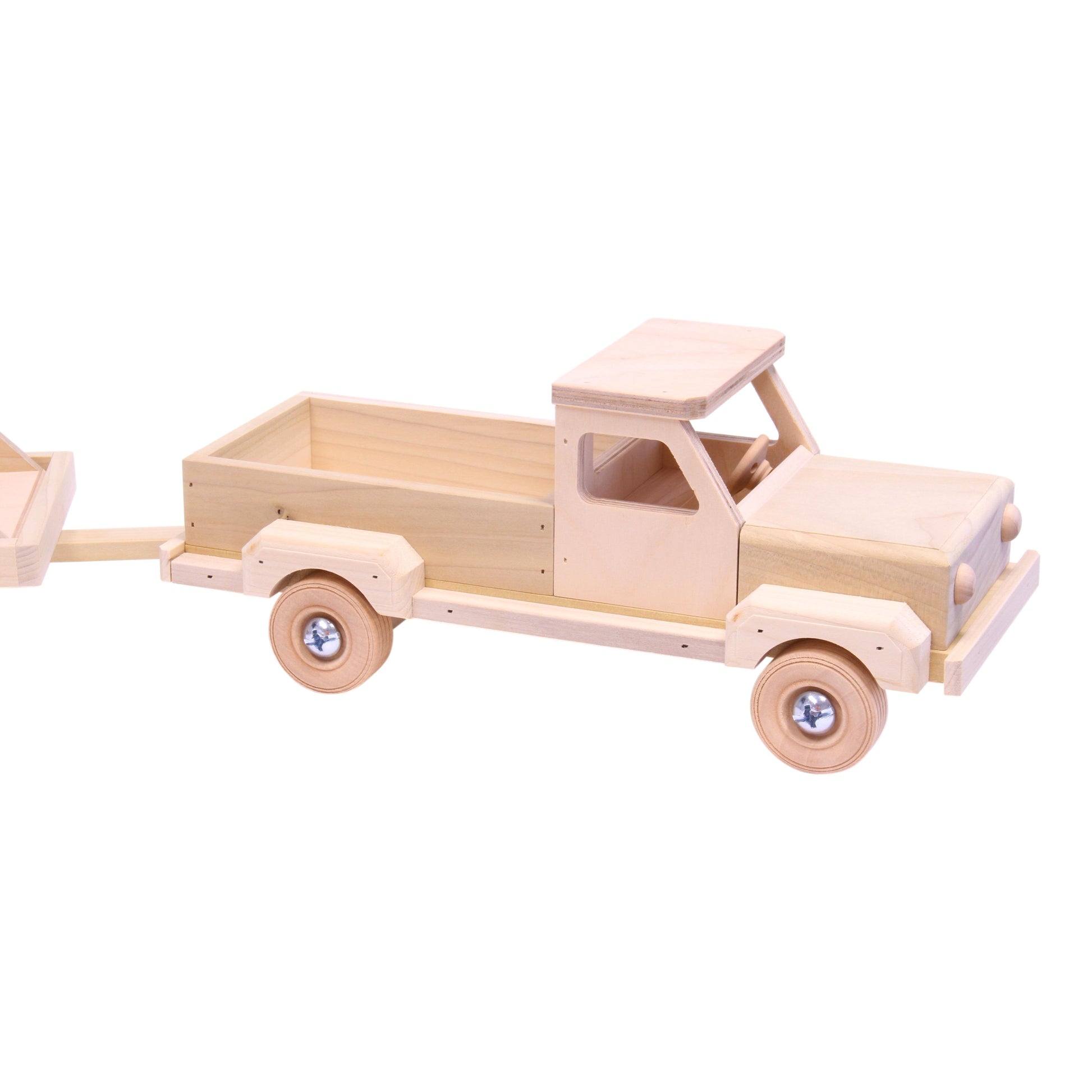 Wooden toy pickup truck and flatbed trailer with skidloader set, crafted from wood, designed for children’s imaginative play.