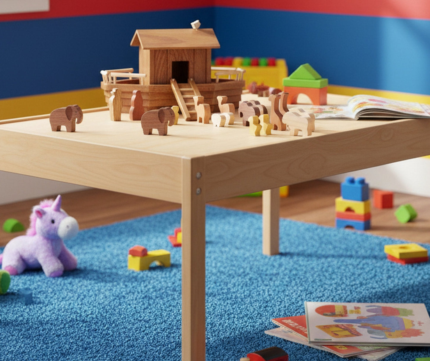 AmishToyBox.com wooden Noah's Ark playset with removable roof, ramp, and 13 colorful animal figures for children.