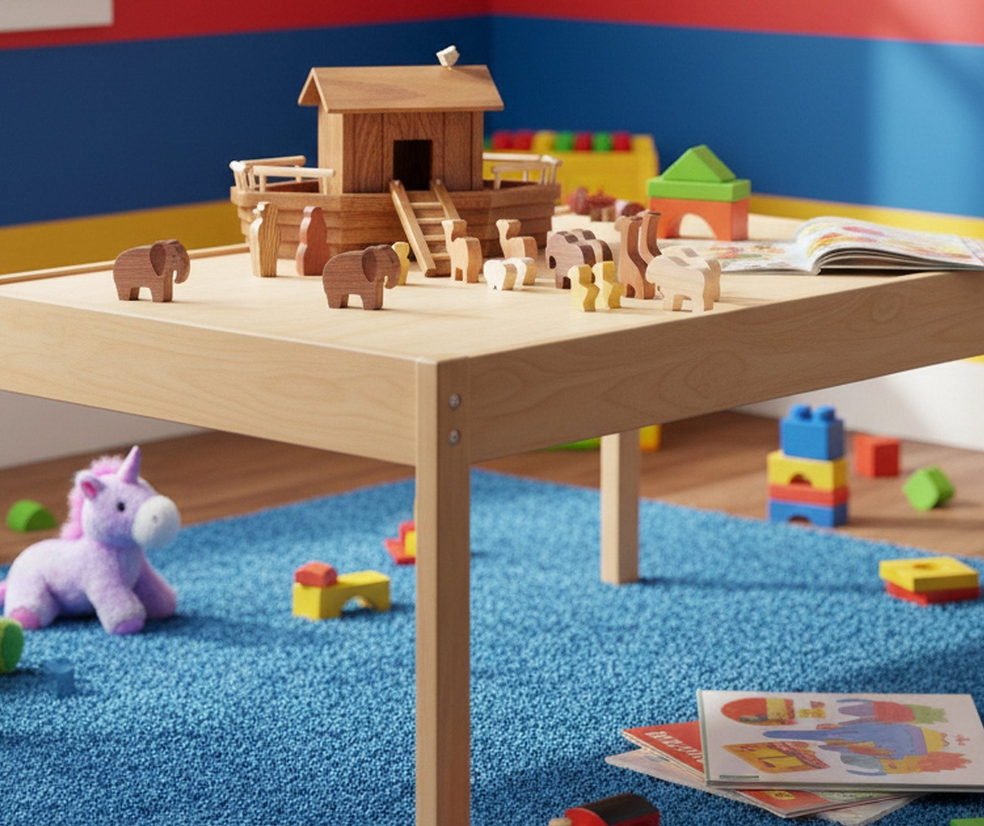AmishToyBox.com wooden Noah's Ark playset with removable roof, ramp, and 13 colorful animal figures for children.