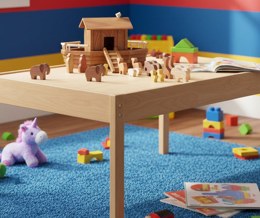 AmishToyBox.com wooden Noah's Ark playset with removable roof, ramp, and 13 colorful animal figures for children.
