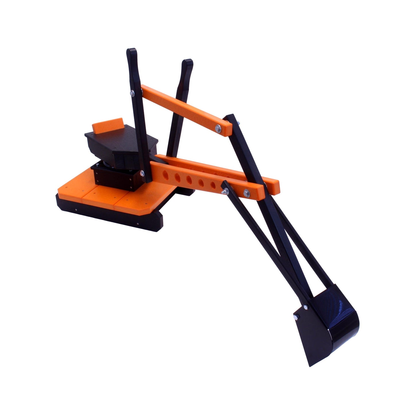 AmishToyBox.com sand digger excavator toy with movable levers and metal digging bucket for children’s play.