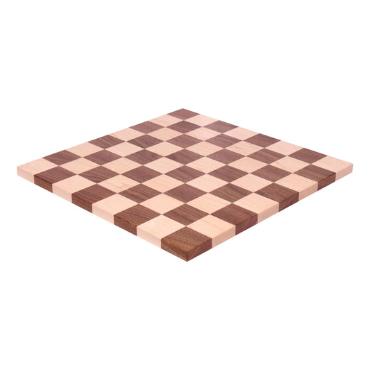 Maple and walnut hardwood chess and checkers game board, 18-inch wooden game board with intricate natural wood grain details.