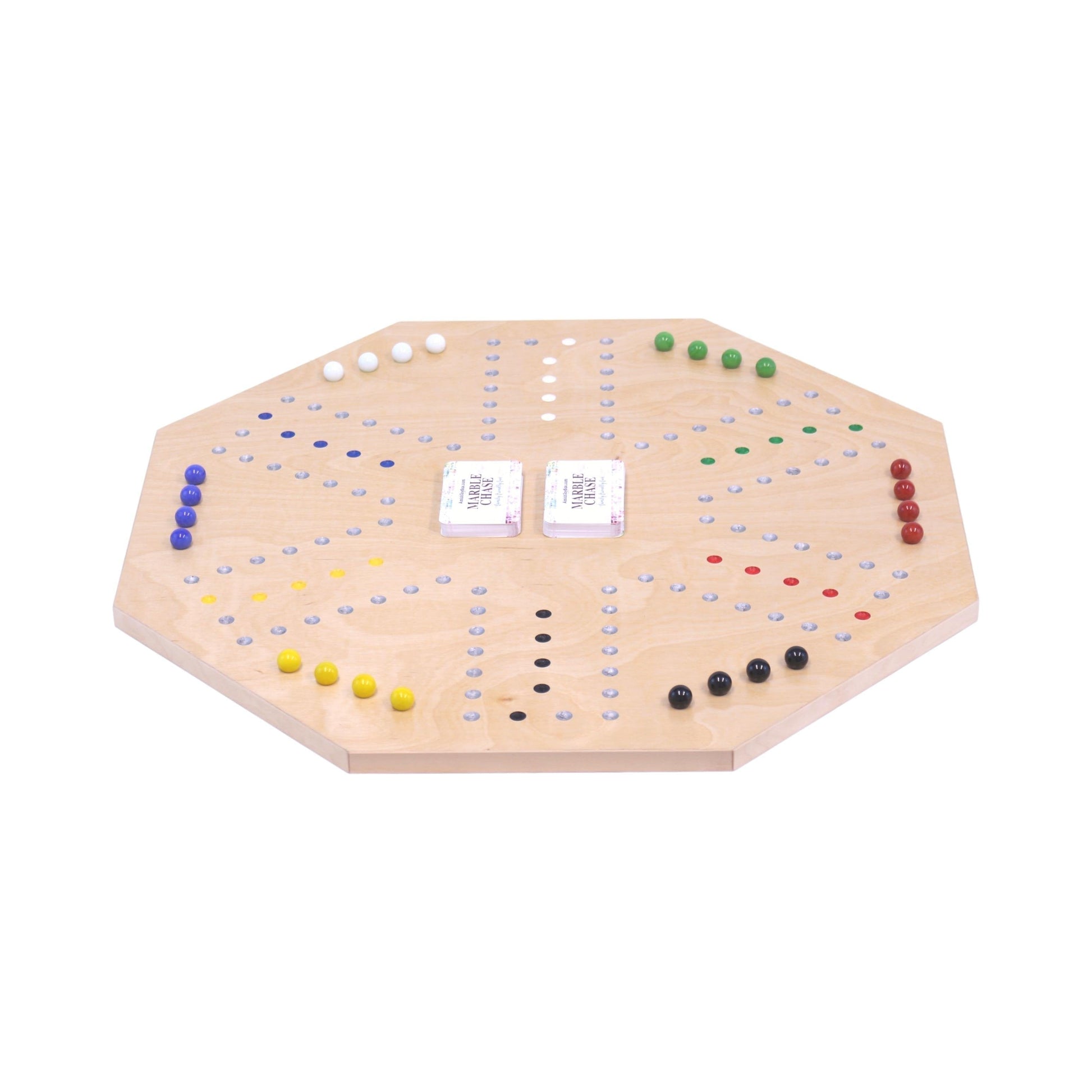 Wooden marble chase game set with a double-sided 23-inch wide board, crafted by AmishToyBox.com.