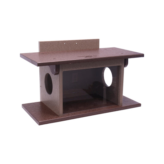 Amish-made squirrel corn feeder mounted on a wooden post, made of durable poly lumber for wildlife feeding.