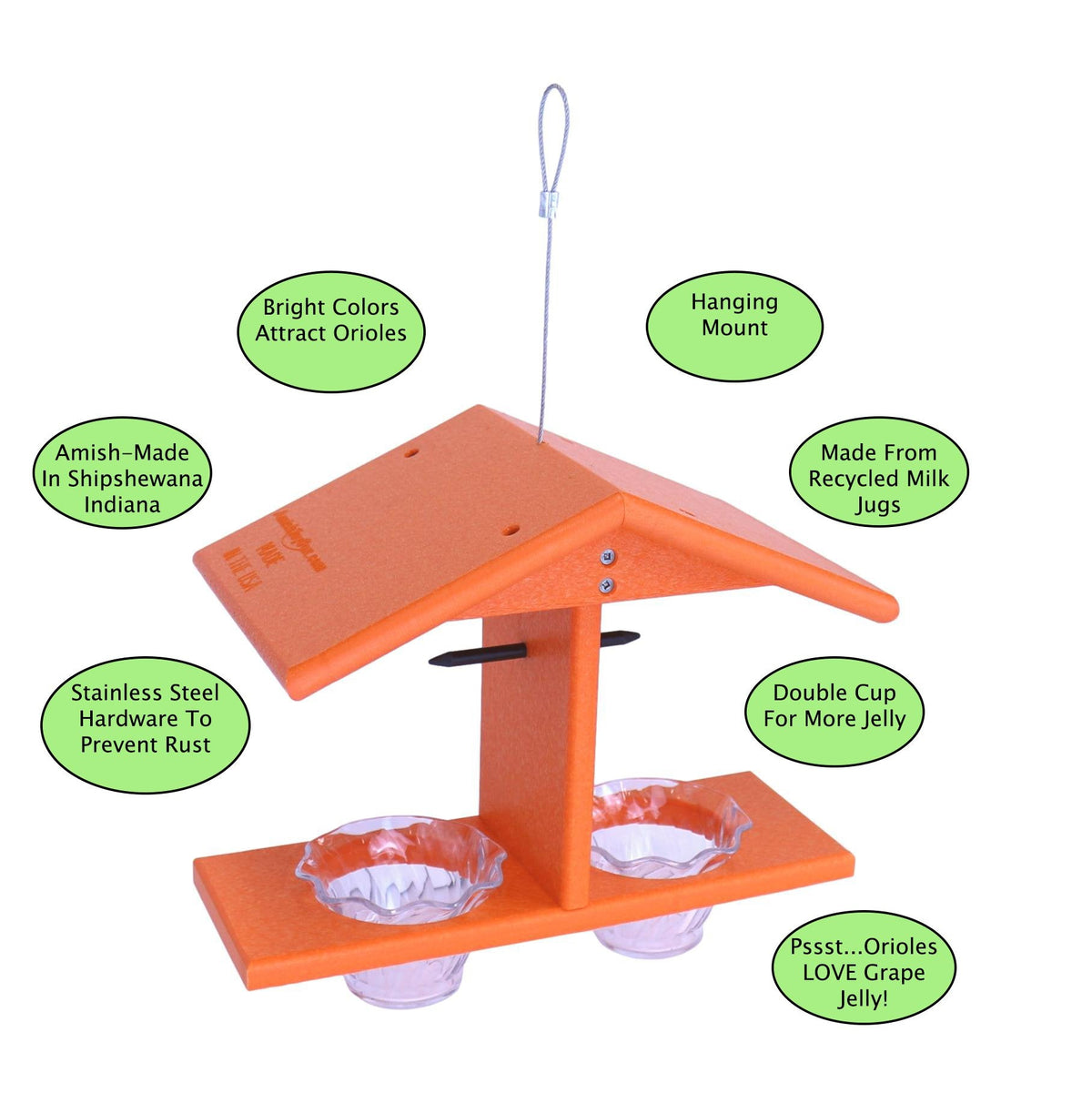 AmishToyBox.com double-cup oriole bird feeder with pegs for orange halves, designed for attracting orioles and other songbirds.