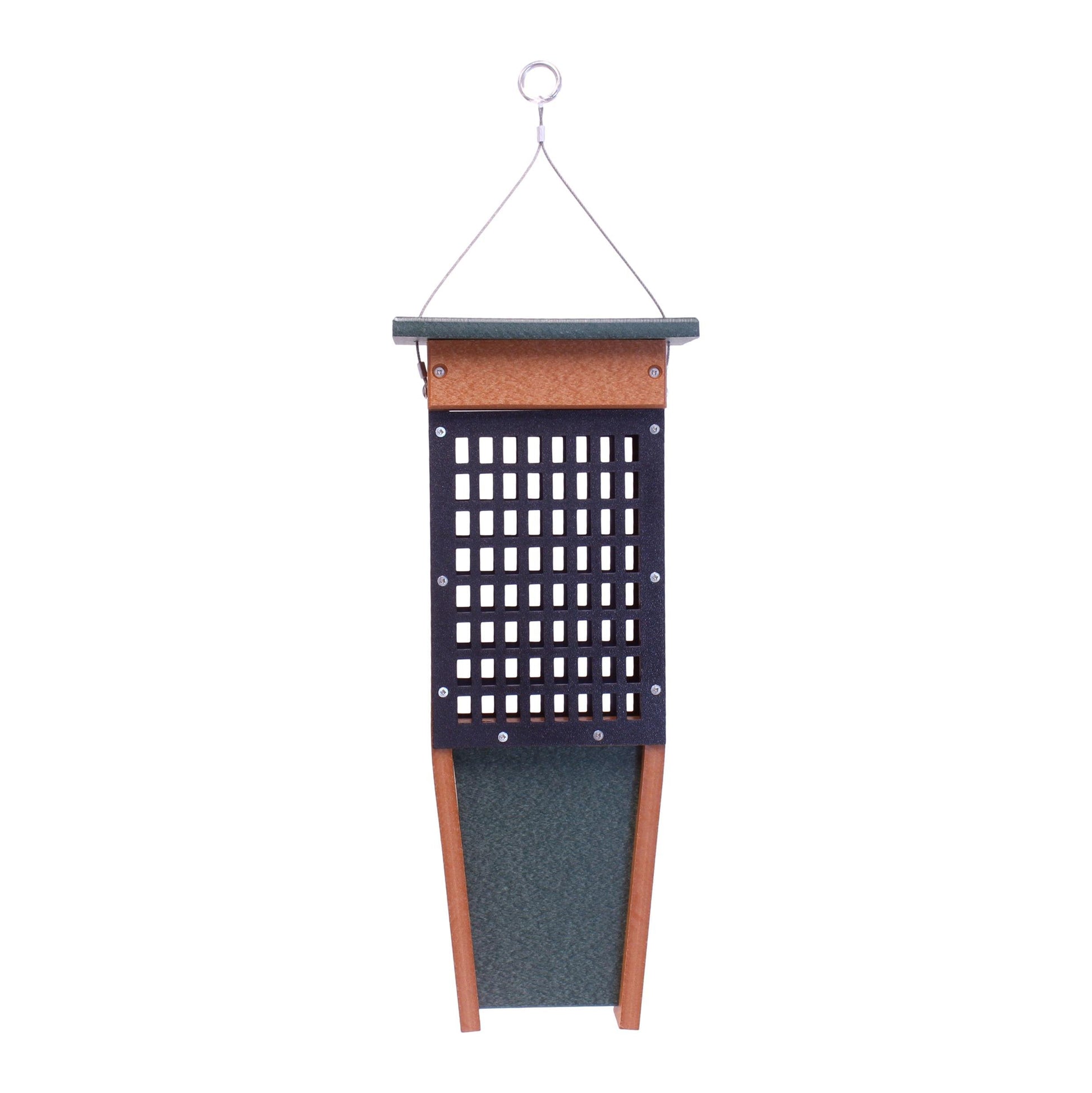 Pileated Woodpecker suet bird feeder from AmishToyBox.com holding two suet cakes, designed for attracting woodpeckers to your yard.