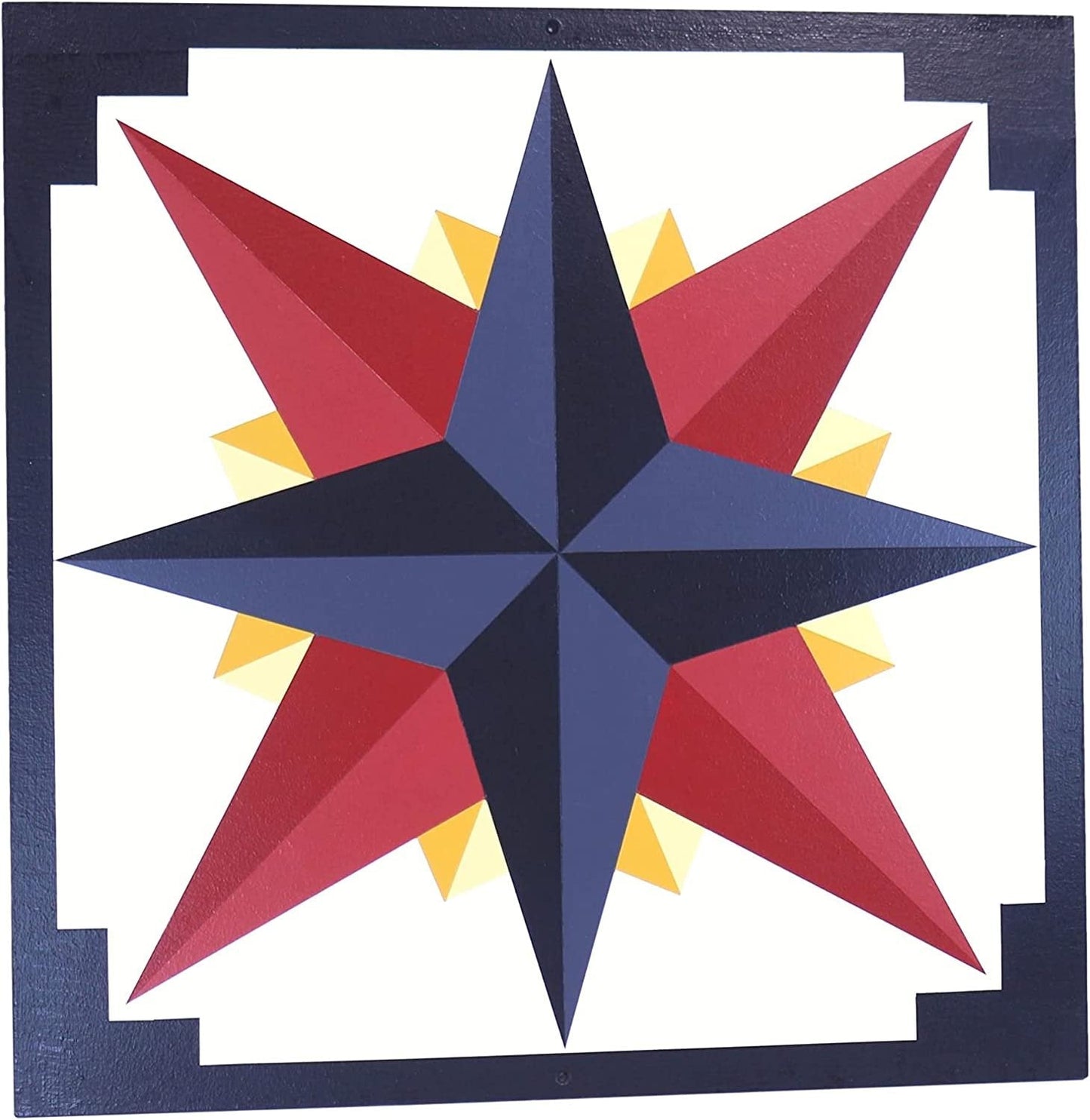 Hand-painted barn quilt featuring a Mariner's Compass design in golden abyss colors for lawn and patio decor.