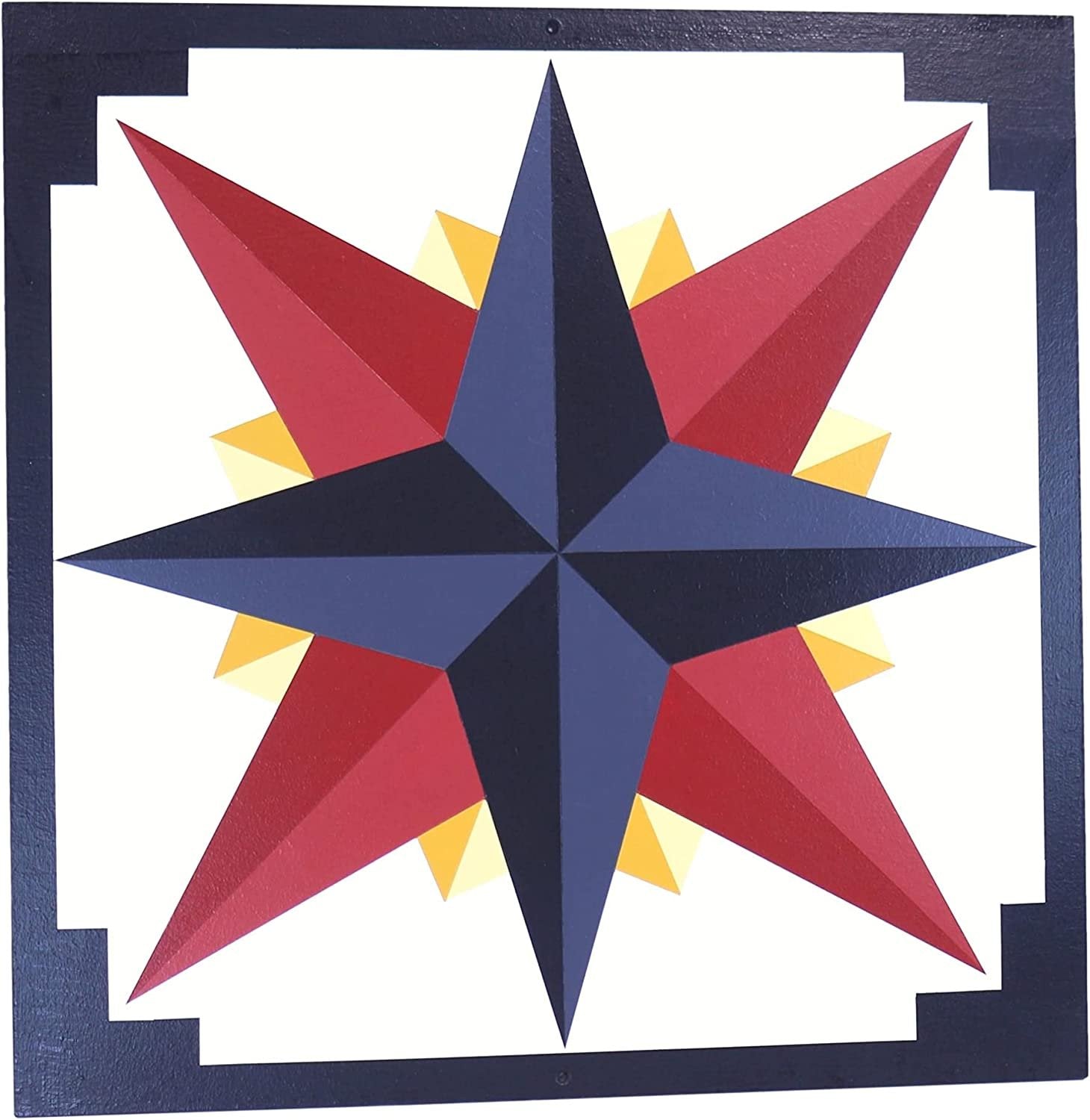 Hand-painted barn quilt featuring a Mariner's Compass design in golden abyss colors for lawn and patio decor.
