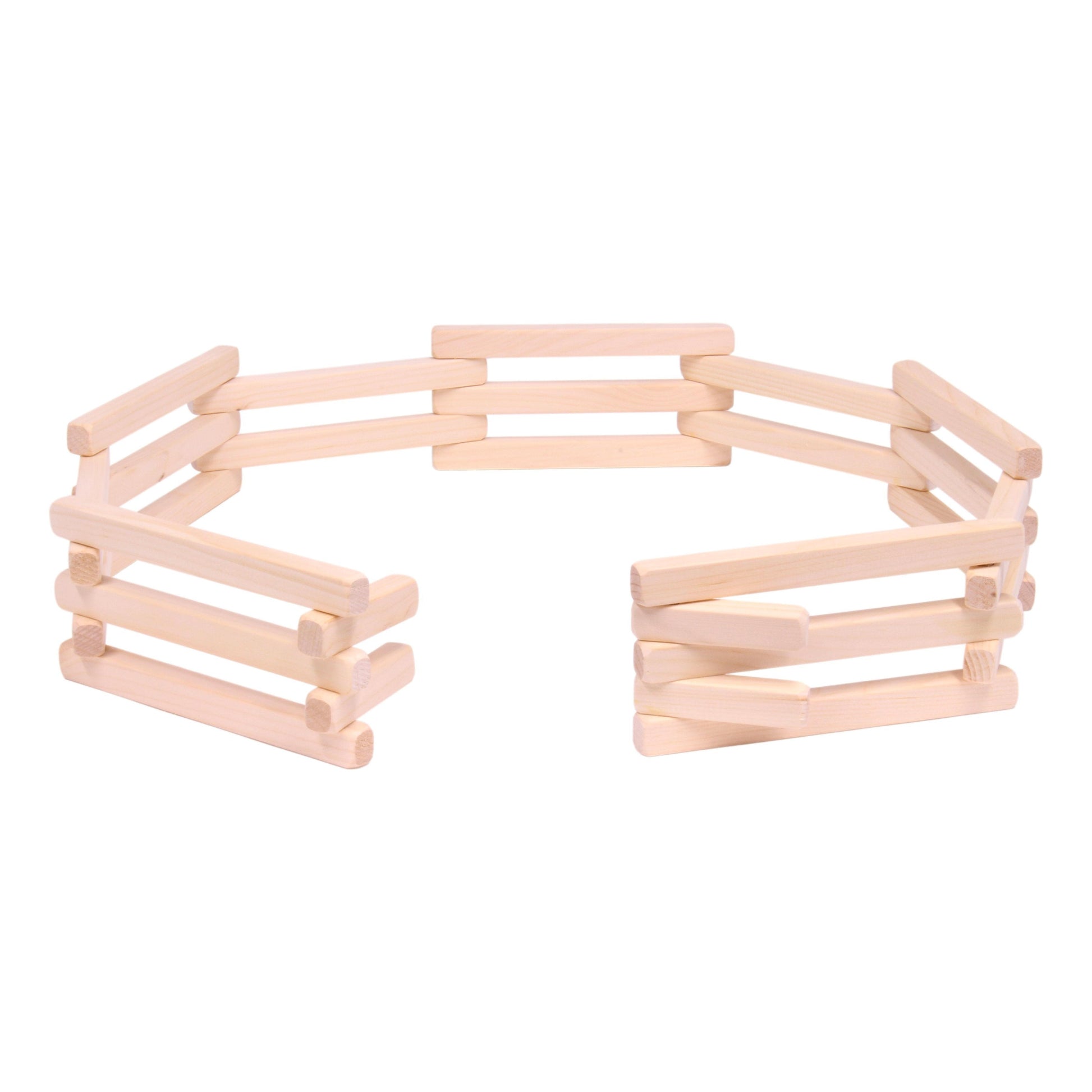 Amish-made wooden folding corral fence toy, 68 inches long, with natural wood finish, suitable for children's imaginative play.