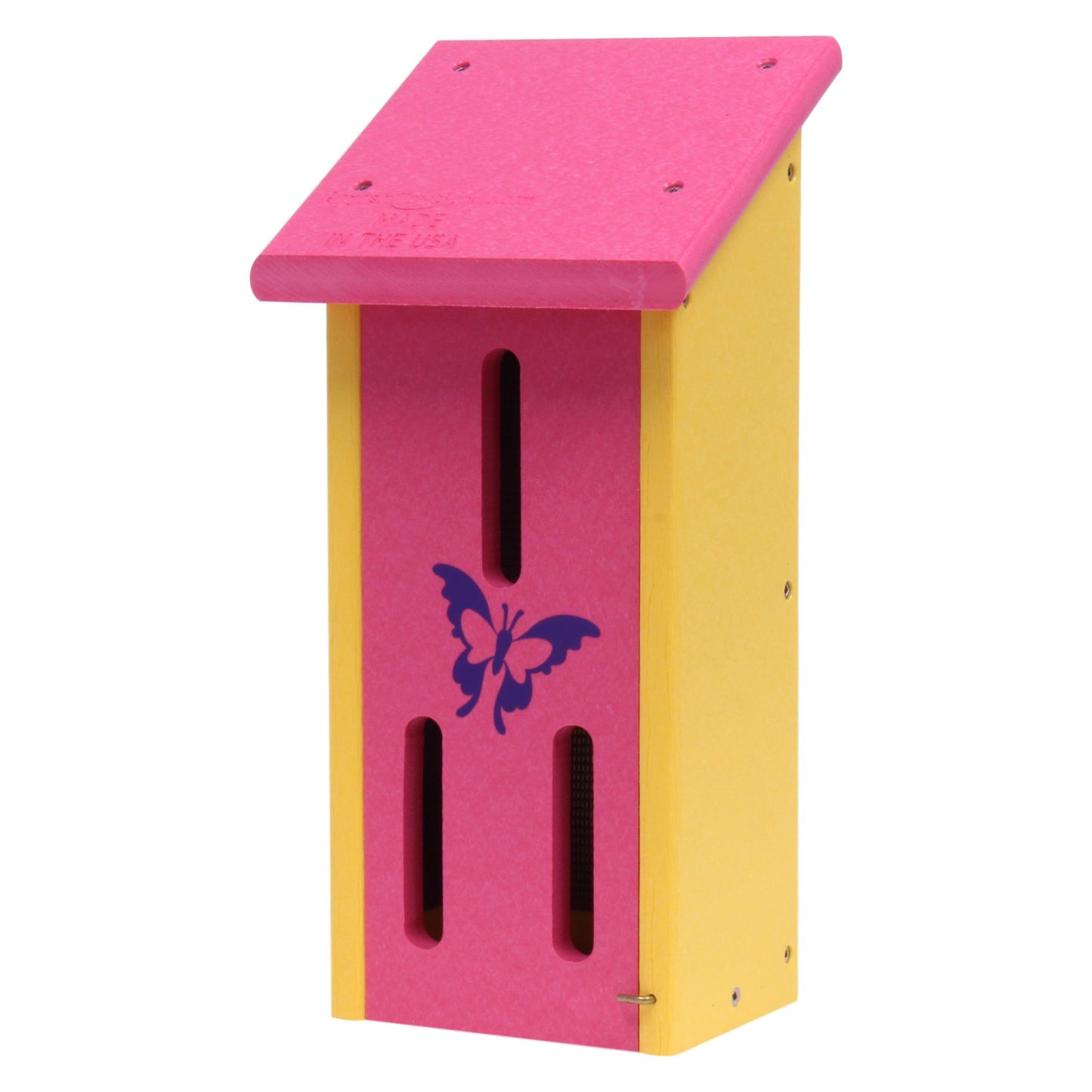 Amish-made butterfly house crafted from eco-friendly poly lumber, designed to attract and shelter butterflies in your garden.