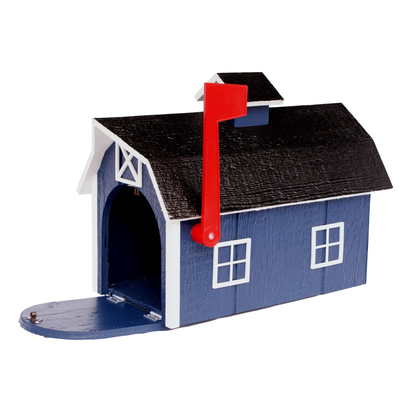 Amish-made wooden mailbox in Dutch barn style, post-mount design, featuring rustic wood finish and traditional craftsmanship.