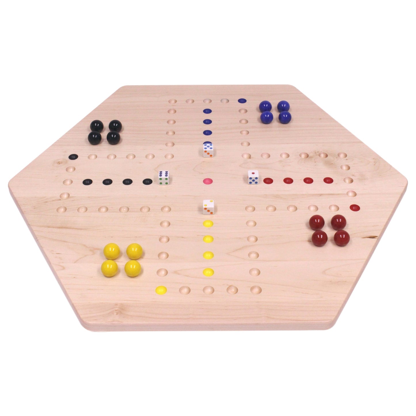 Hand-painted double-sided Aggravation Wahoo marble board game on wooden surface, featuring colorful marbles and game pieces.
