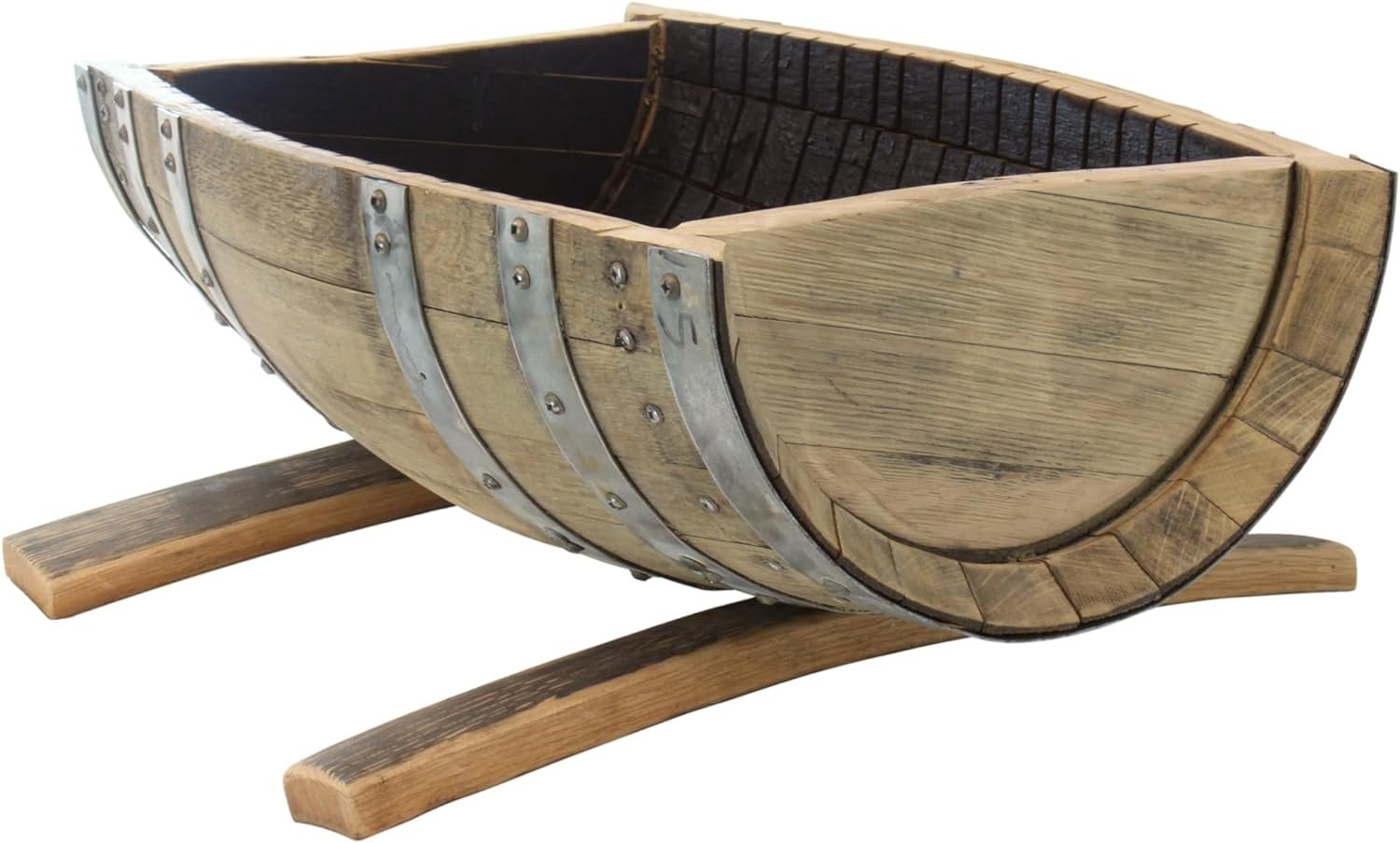 Rustic flower planter made from real white oak whiskey barrels, suitable for indoor or outdoor use.