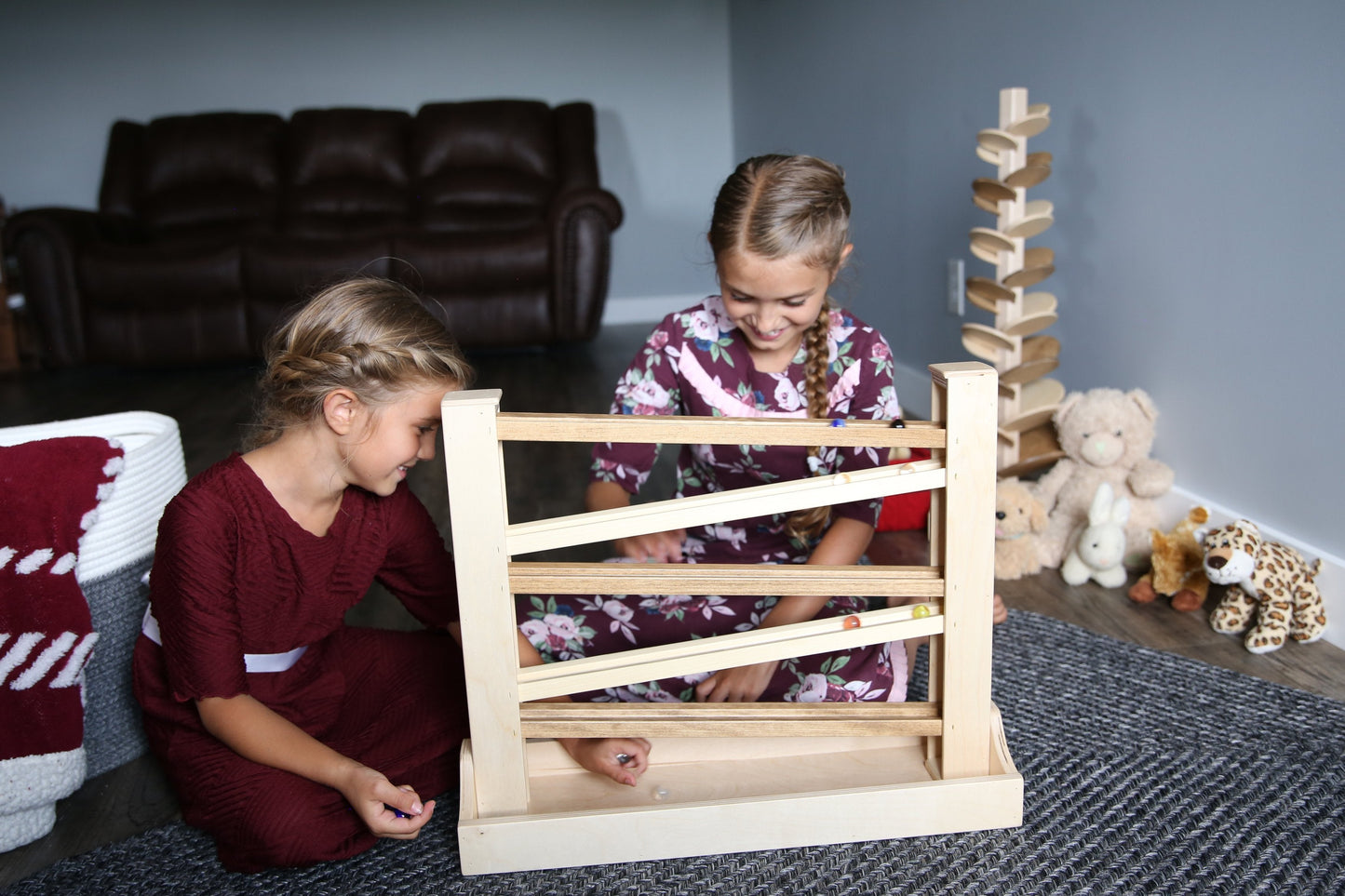 Amish-made heirloom marble roller toy with wooden balls and marbles, child-safe finish, perfect for early childhood play.