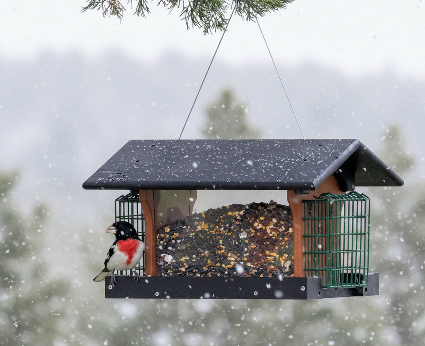 Amish-made Deluxe bird feeder with suet holder, crafted from durable poly lumber, featuring multiple feeding ports and a sturdy design.
