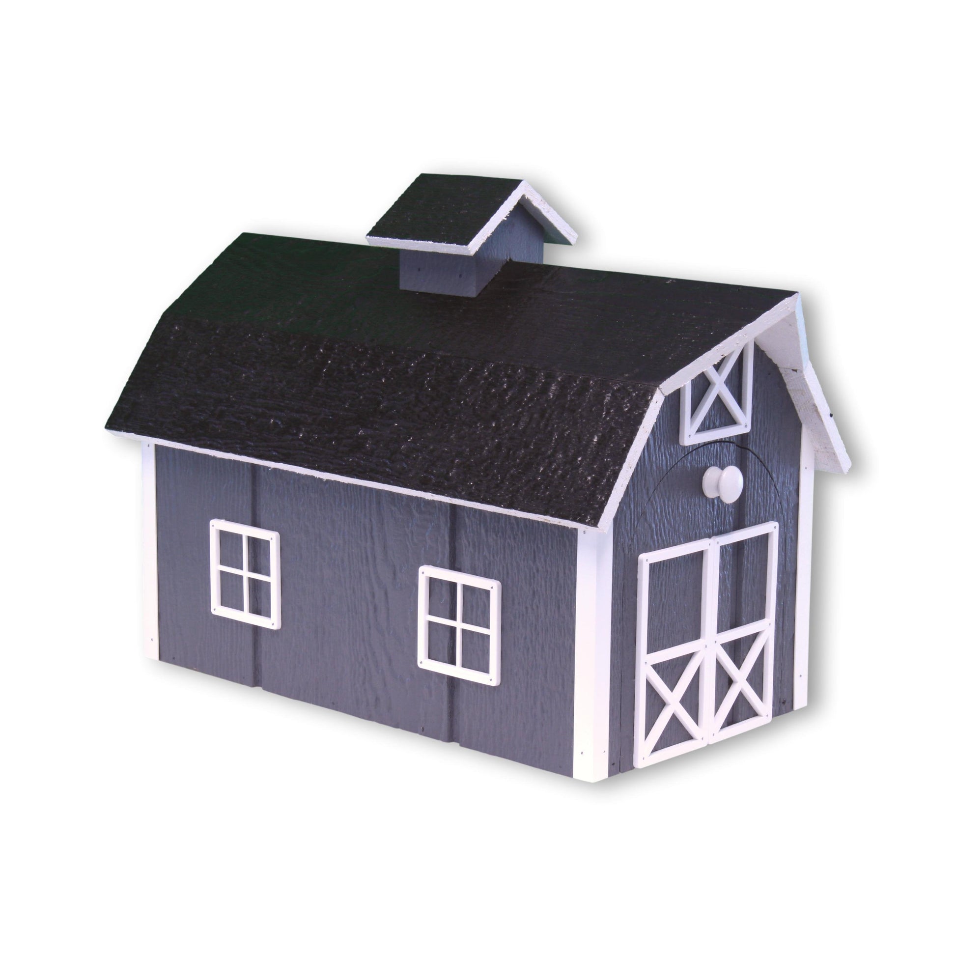 Amish-made wooden Dutch barn style mailbox mounted on post, suitable for home exterior, handcrafted by AmishToyBox.com.