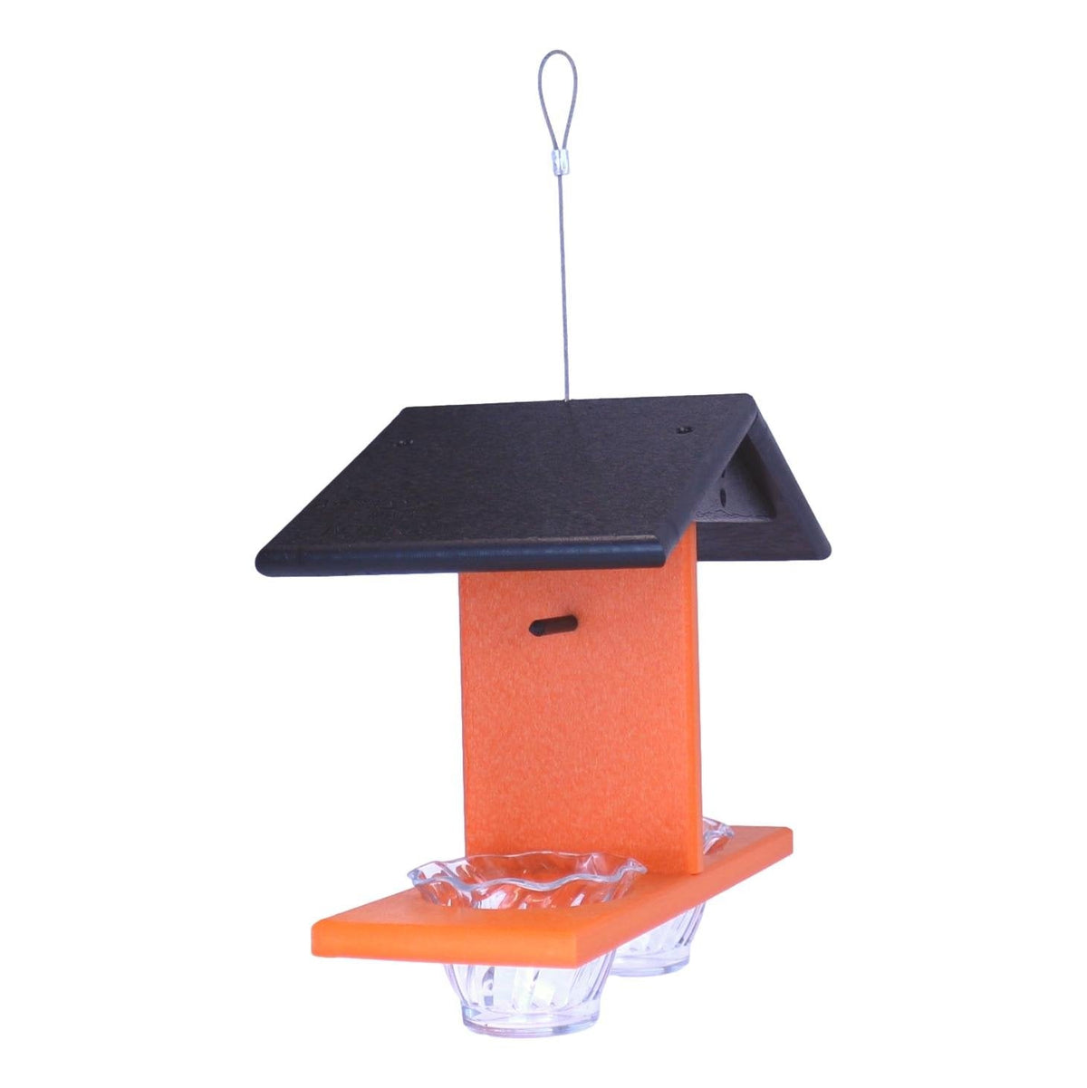 AmishToyBox.com Oriole bird feeder with two cups and pegs for orange halves, designed to attract Orioles and other birds.