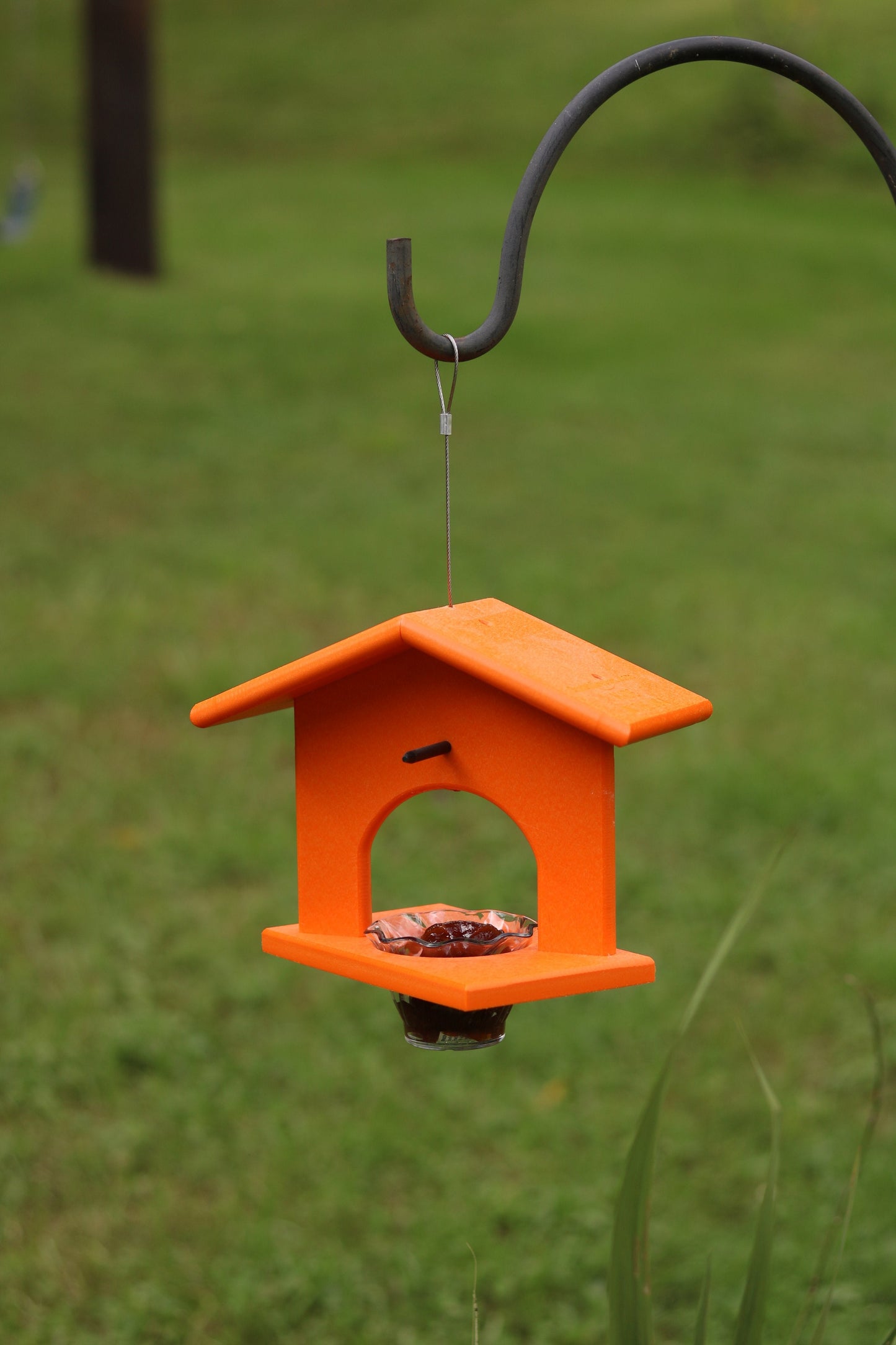 Eco-friendly poly lumber hanging oriole jelly and orange bird feeder with a perch, designed to attract local birds.