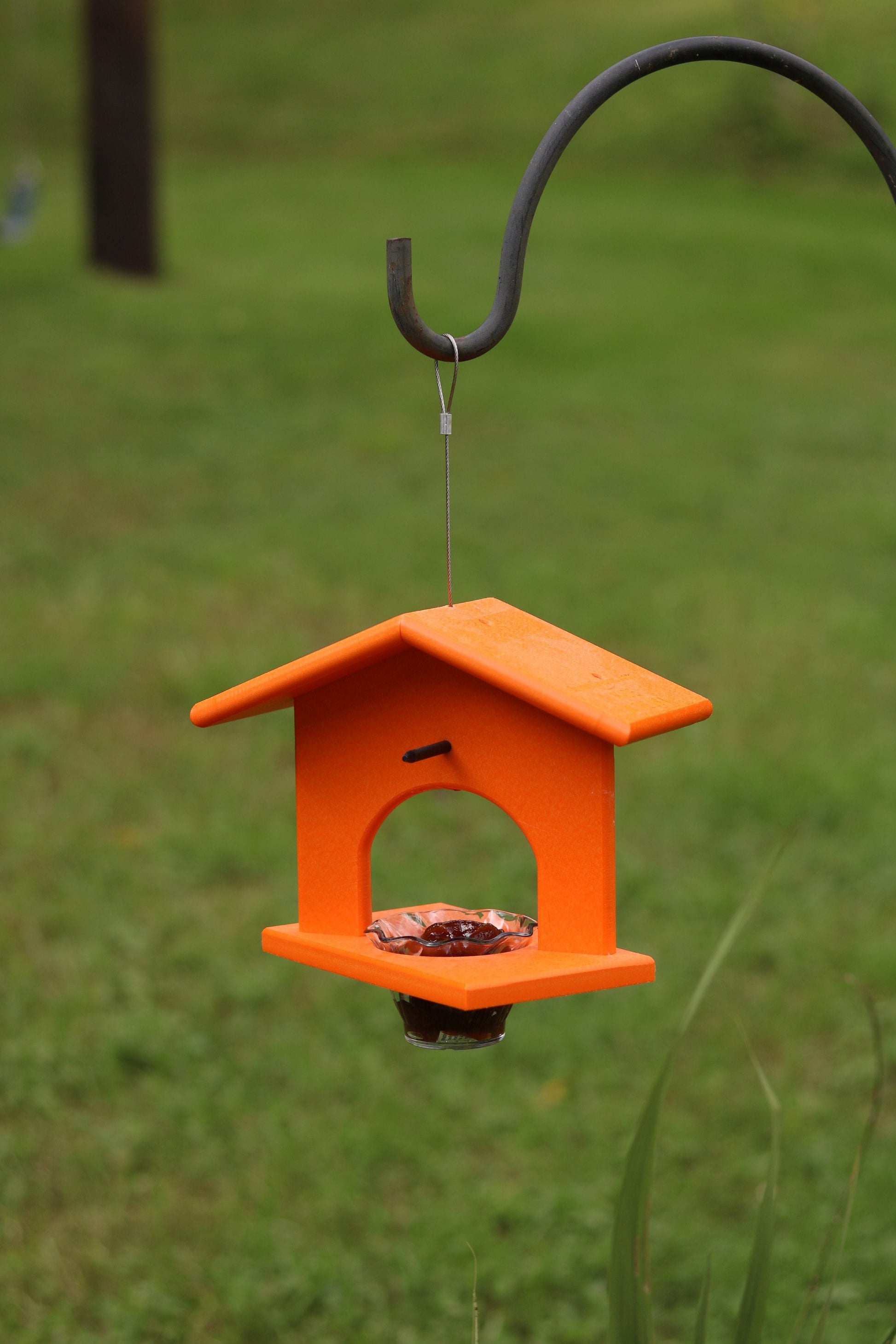 Eco-friendly poly lumber hanging oriole jelly and orange bird feeder with a perch, designed to attract local birds.