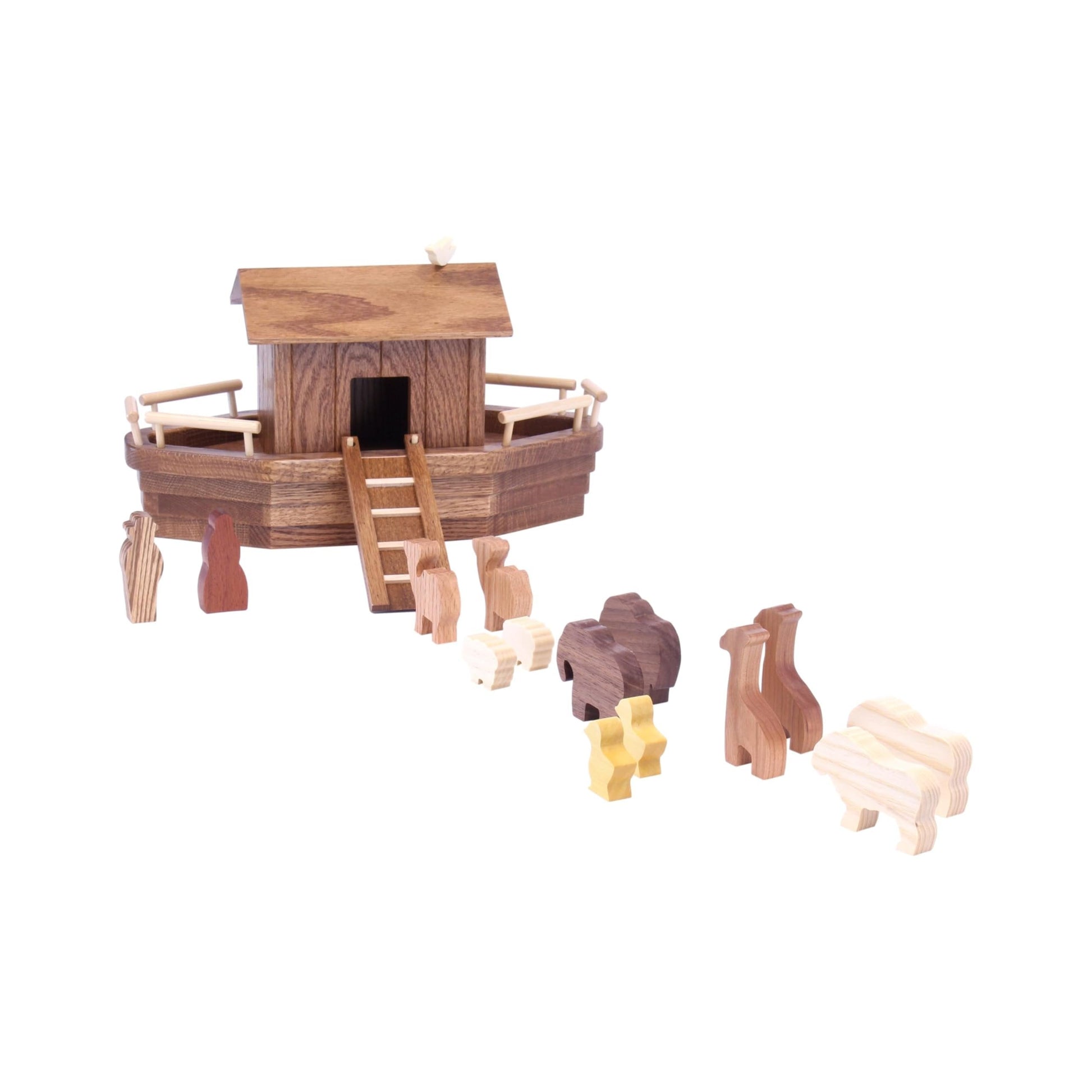 AmishToyBox.com wooden Noah's Ark playset with 13 animal figures, removable roof, and ramp for children.