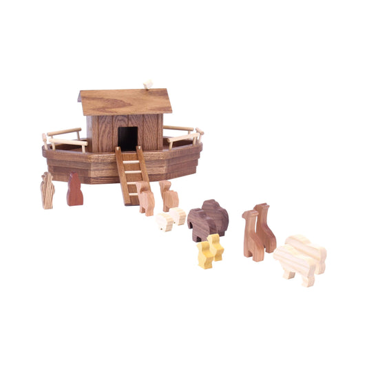 AmishToyBox.com wooden Noah's Ark playset with 13 animal figures, removable roof, and ramp for children.