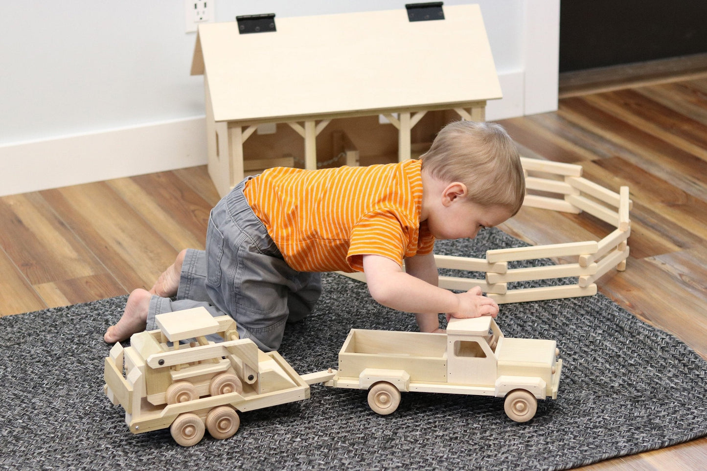 Wooden toy pickup truck and flatbed trailer with skidloader set, handcrafted wooden train and truck toy from AmishToyBox.com